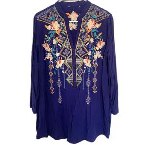 Embroidered Tunic Top Roll Tap Sleeve Vibrant Blue-Violet Colorful Details Sz M